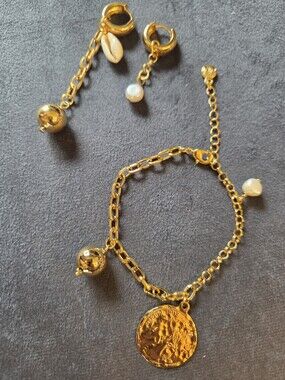 Mayamar 24k Dipped Bracelet And Earrings Paperclip Chain Pearls NEW Without Tags
